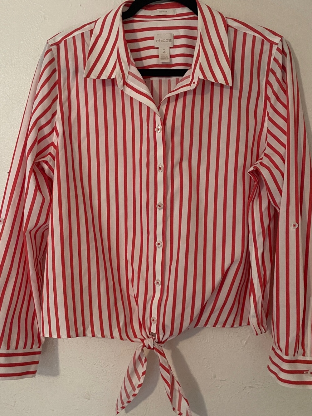 Chico’s Stefani II No Iron Tie Front Cropped Striped Blouse Red White L